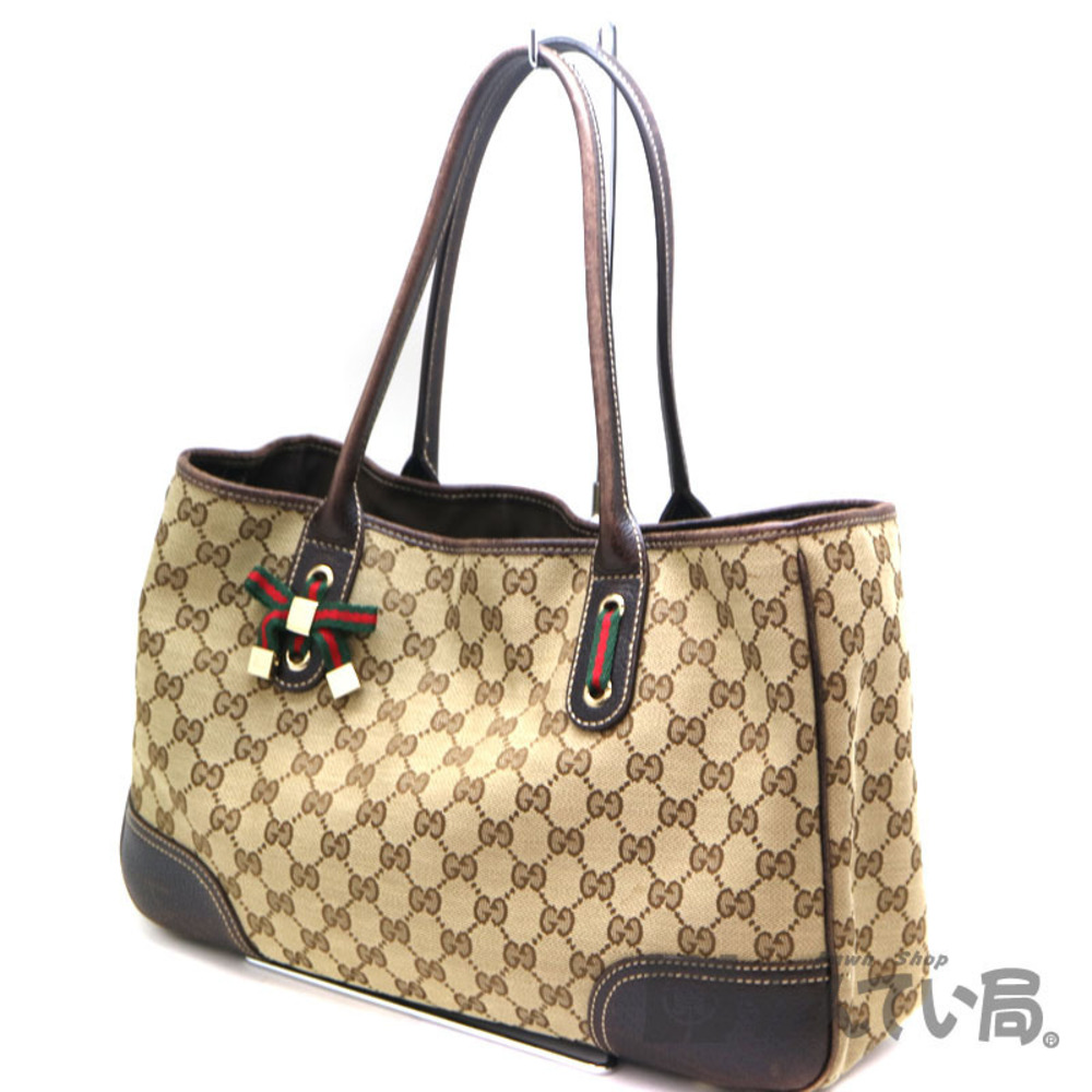 GUCCI Tote Bag Leather Canvas Brown Beige